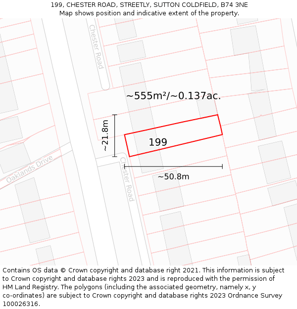 199, CHESTER ROAD, STREETLY, SUTTON COLDFIELD, B74 3NE: Plot and title map