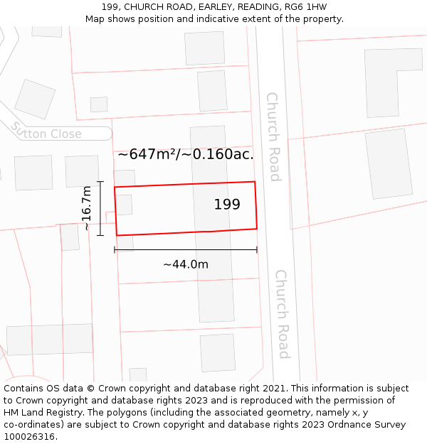 199, CHURCH ROAD, EARLEY, READING, RG6 1HW: Plot and title map