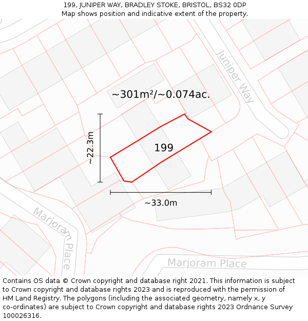 199, JUNIPER WAY, BRADLEY STOKE, BRISTOL, BS32 0DP: Plot and title map
