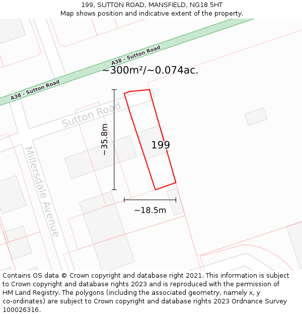 199, SUTTON ROAD, MANSFIELD, NG18 5HT: Plot and title map