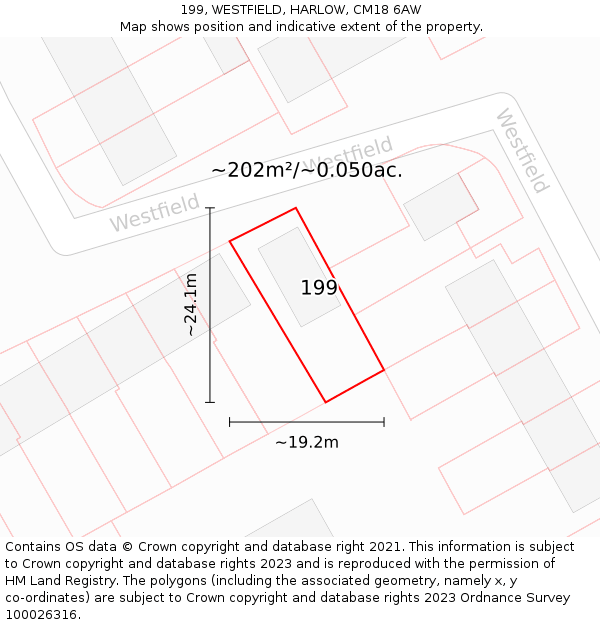 199, WESTFIELD, HARLOW, CM18 6AW: Plot and title map