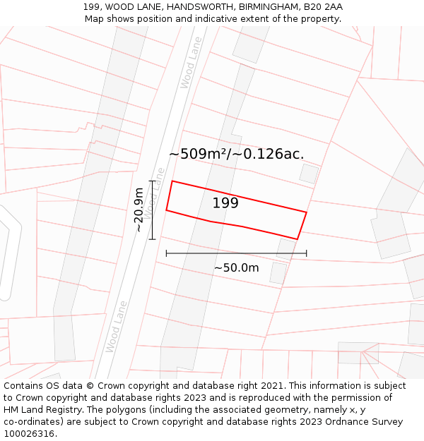 199, WOOD LANE, HANDSWORTH, BIRMINGHAM, B20 2AA: Plot and title map