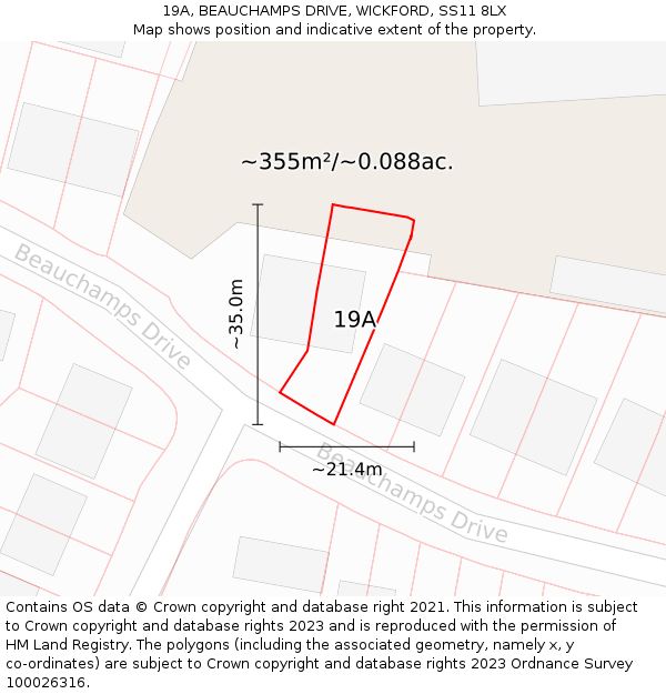 19A, BEAUCHAMPS DRIVE, WICKFORD, SS11 8LX: Plot and title map