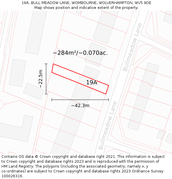 19A, BULL MEADOW LANE, WOMBOURNE, WOLVERHAMPTON, WV5 9DE: Plot and title map