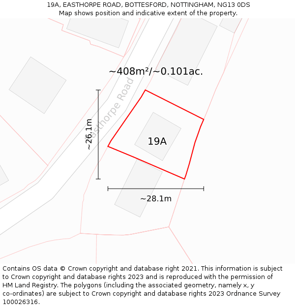 19A, EASTHORPE ROAD, BOTTESFORD, NOTTINGHAM, NG13 0DS: Plot and title map