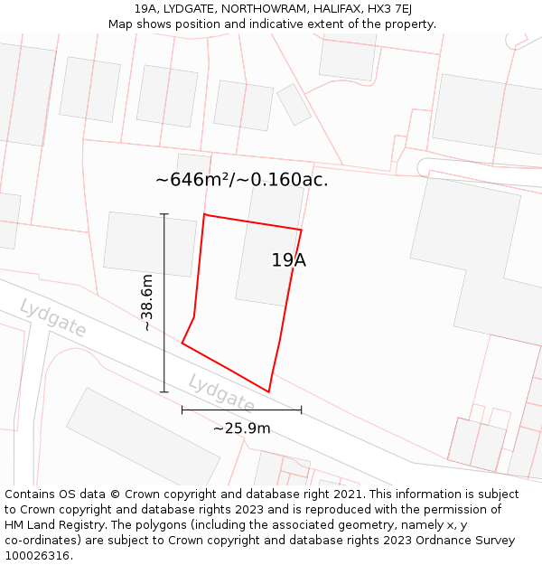 19A, LYDGATE, NORTHOWRAM, HALIFAX, HX3 7EJ: Plot and title map