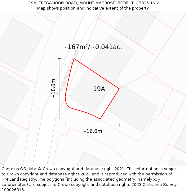 19A, TREGANOON ROAD, MOUNT AMBROSE, REDRUTH, TR15 1NN: Plot and title map