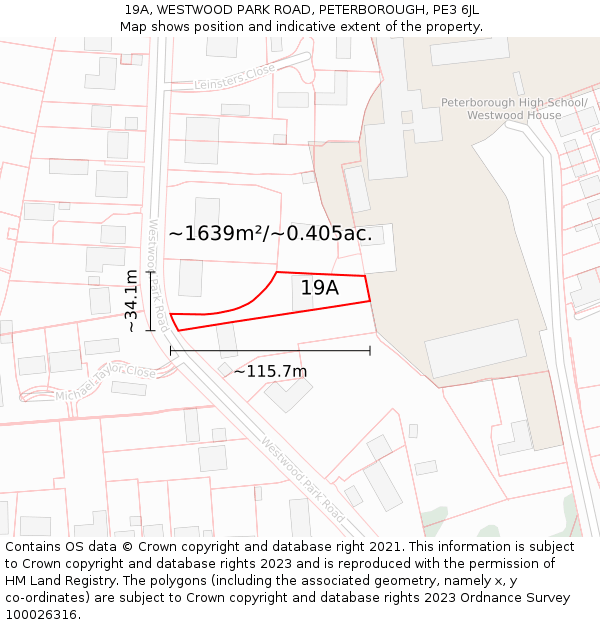 19A, WESTWOOD PARK ROAD, PETERBOROUGH, PE3 6JL: Plot and title map