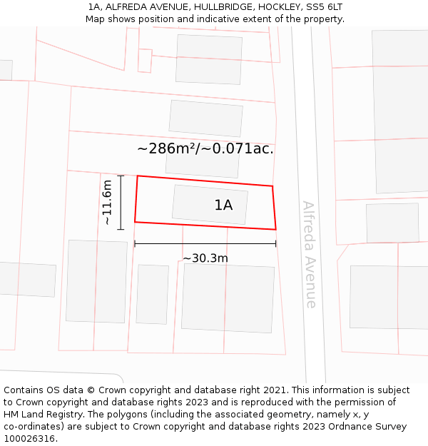 1A, ALFREDA AVENUE, HULLBRIDGE, HOCKLEY, SS5 6LT: Plot and title map