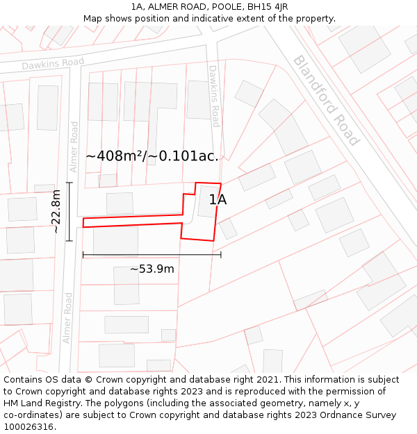 1A, ALMER ROAD, POOLE, BH15 4JR: Plot and title map