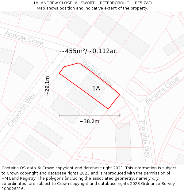 1A, ANDREW CLOSE, AILSWORTH, PETERBOROUGH, PE5 7AD: Plot and title map