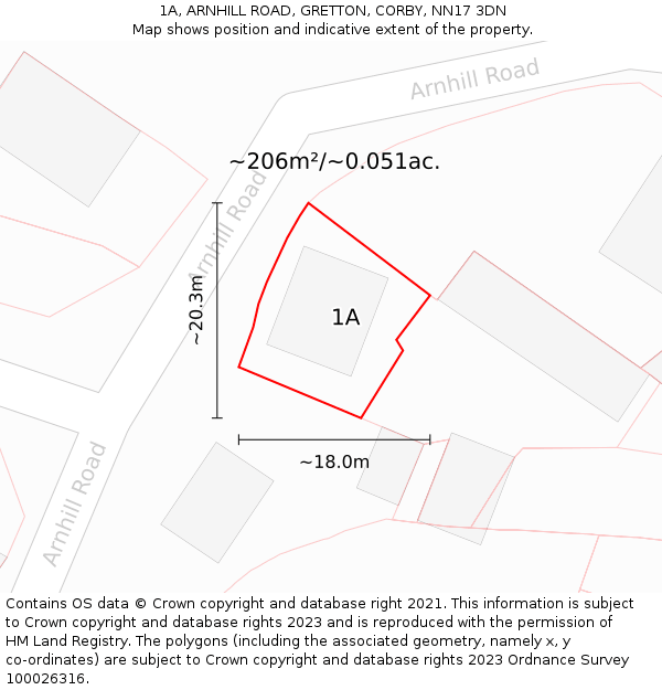 1A, ARNHILL ROAD, GRETTON, CORBY, NN17 3DN: Plot and title map
