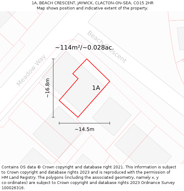 1A, BEACH CRESCENT, JAYWICK, CLACTON-ON-SEA, CO15 2HR: Plot and title map