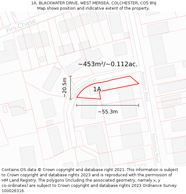 1A, BLACKWATER DRIVE, WEST MERSEA, COLCHESTER, CO5 8NJ: Plot and title map