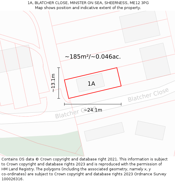1A, BLATCHER CLOSE, MINSTER ON SEA, SHEERNESS, ME12 3PG: Plot and title map