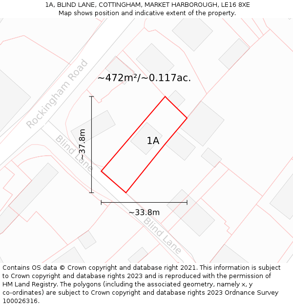 1A, BLIND LANE, COTTINGHAM, MARKET HARBOROUGH, LE16 8XE: Plot and title map