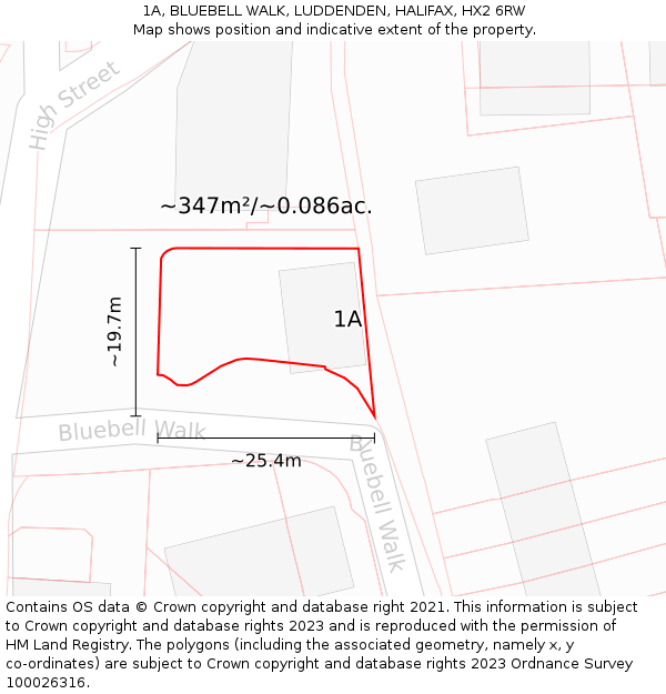 1A, BLUEBELL WALK, LUDDENDEN, HALIFAX, HX2 6RW: Plot and title map