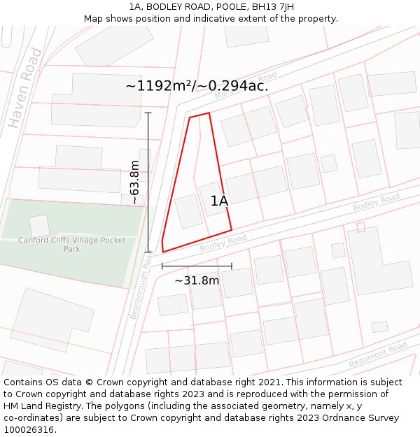 1A, BODLEY ROAD, POOLE, BH13 7JH: Plot and title map