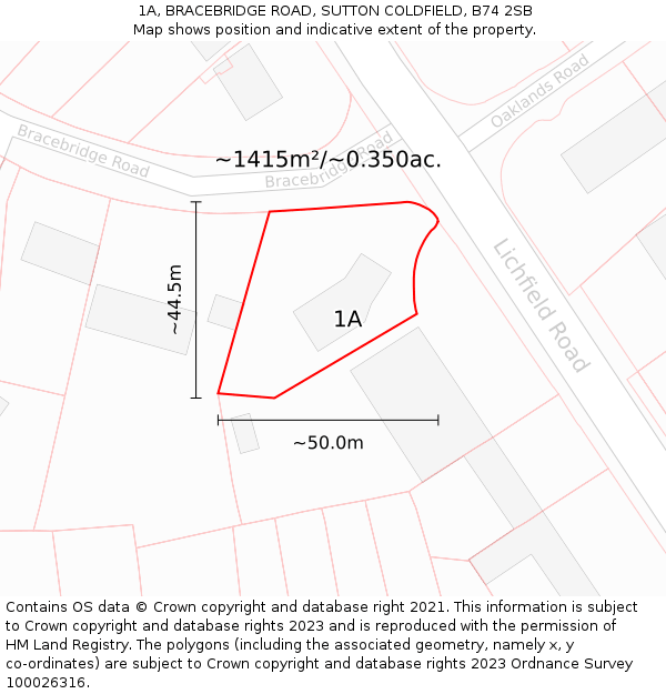 1A, BRACEBRIDGE ROAD, SUTTON COLDFIELD, B74 2SB: Plot and title map