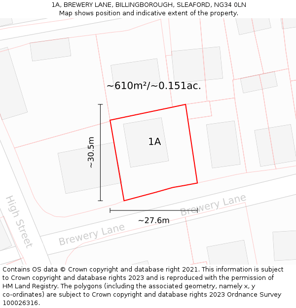 1A, BREWERY LANE, BILLINGBOROUGH, SLEAFORD, NG34 0LN: Plot and title map