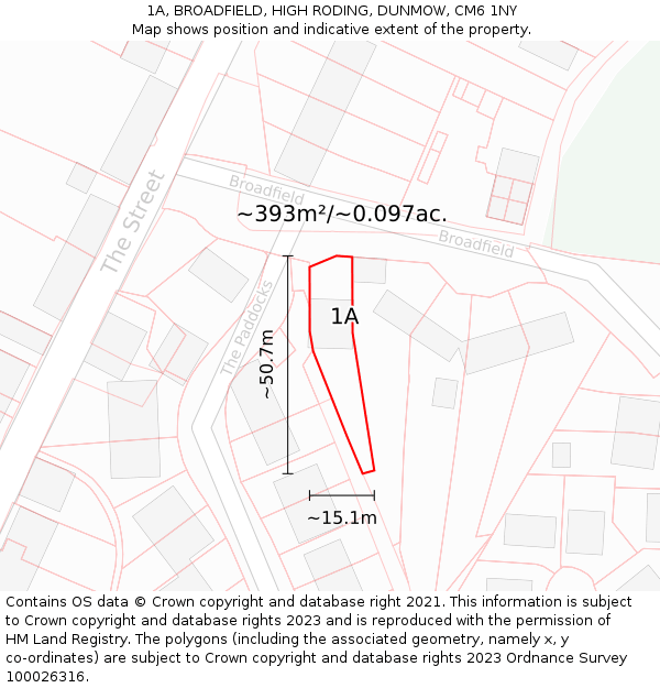 1A, BROADFIELD, HIGH RODING, DUNMOW, CM6 1NY: Plot and title map