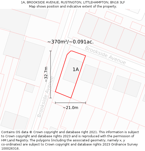 1A, BROOKSIDE AVENUE, RUSTINGTON, LITTLEHAMPTON, BN16 3LF: Plot and title map