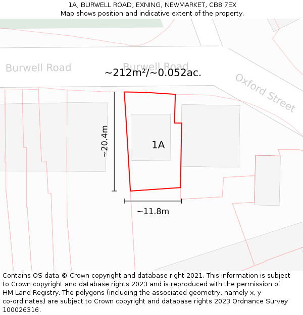 1A, BURWELL ROAD, EXNING, NEWMARKET, CB8 7EX: Plot and title map