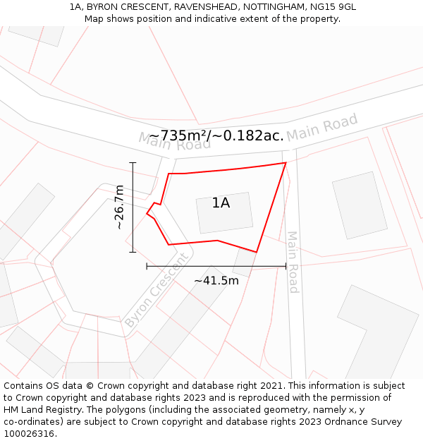1A, BYRON CRESCENT, RAVENSHEAD, NOTTINGHAM, NG15 9GL: Plot and title map