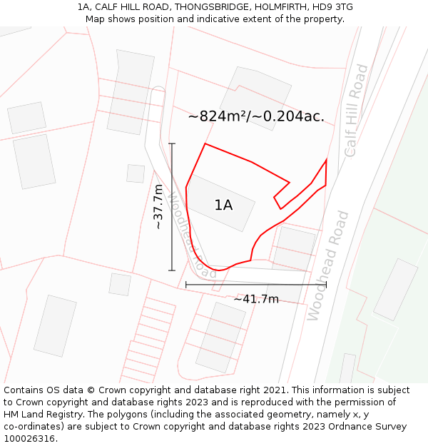 1A, CALF HILL ROAD, THONGSBRIDGE, HOLMFIRTH, HD9 3TG: Plot and title map