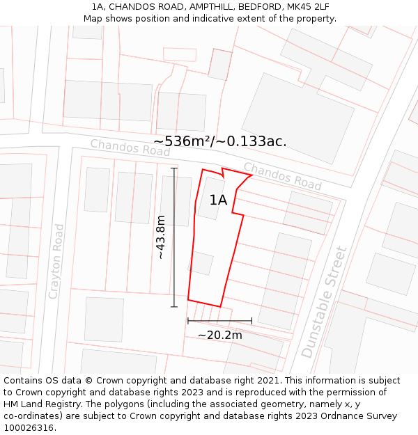1A, CHANDOS ROAD, AMPTHILL, BEDFORD, MK45 2LF: Plot and title map