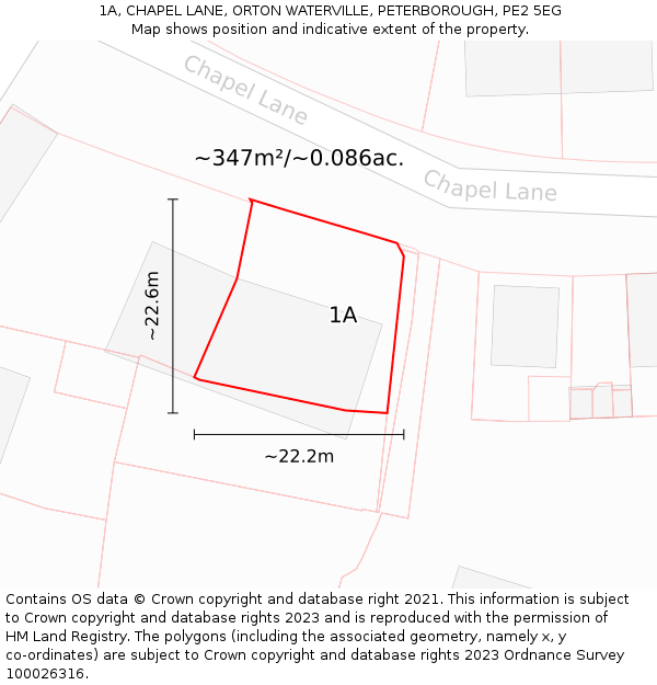 1A, CHAPEL LANE, ORTON WATERVILLE, PETERBOROUGH, PE2 5EG: Plot and title map