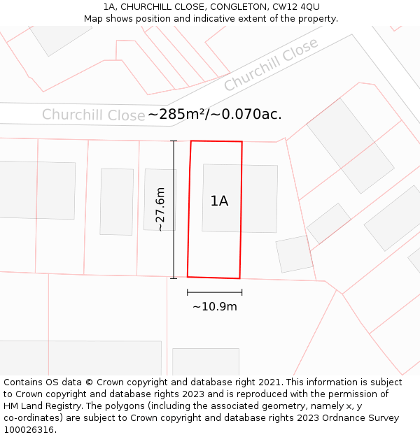 1A, CHURCHILL CLOSE, CONGLETON, CW12 4QU: Plot and title map
