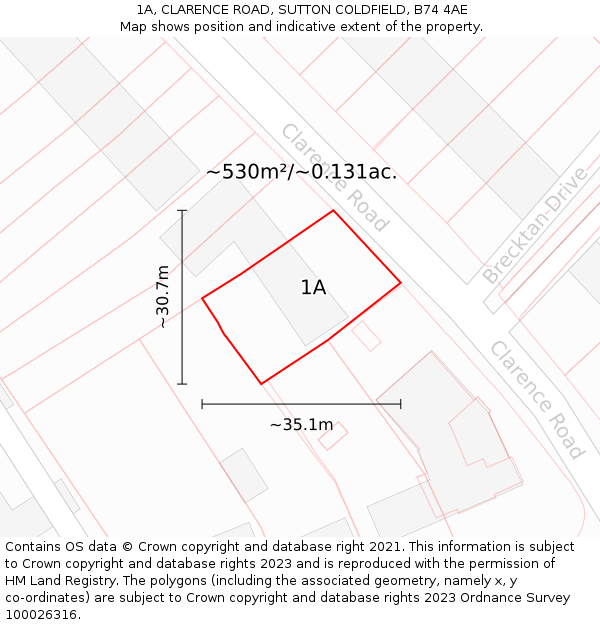 1A, CLARENCE ROAD, SUTTON COLDFIELD, B74 4AE: Plot and title map