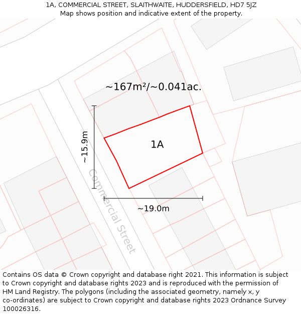 1A, COMMERCIAL STREET, SLAITHWAITE, HUDDERSFIELD, HD7 5JZ: Plot and title map