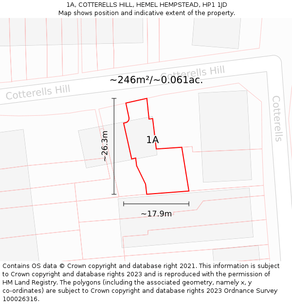 1A, COTTERELLS HILL, HEMEL HEMPSTEAD, HP1 1JD: Plot and title map