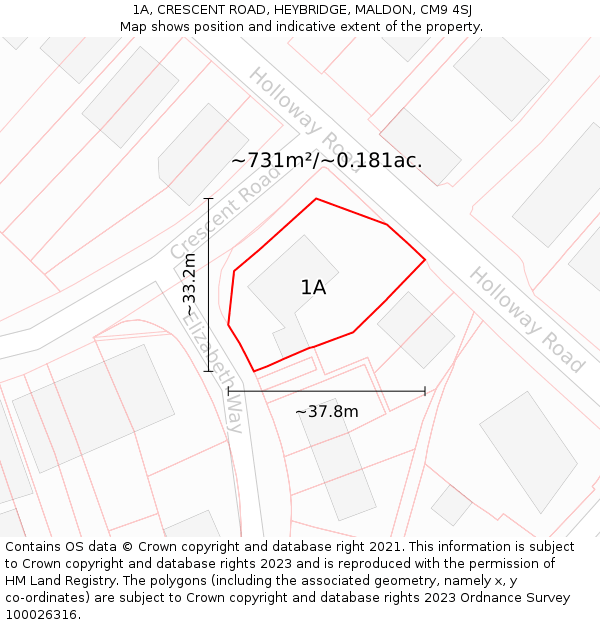 1A, CRESCENT ROAD, HEYBRIDGE, MALDON, CM9 4SJ: Plot and title map