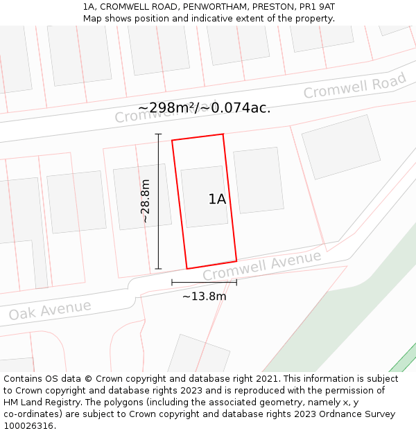 1A, CROMWELL ROAD, PENWORTHAM, PRESTON, PR1 9AT: Plot and title map