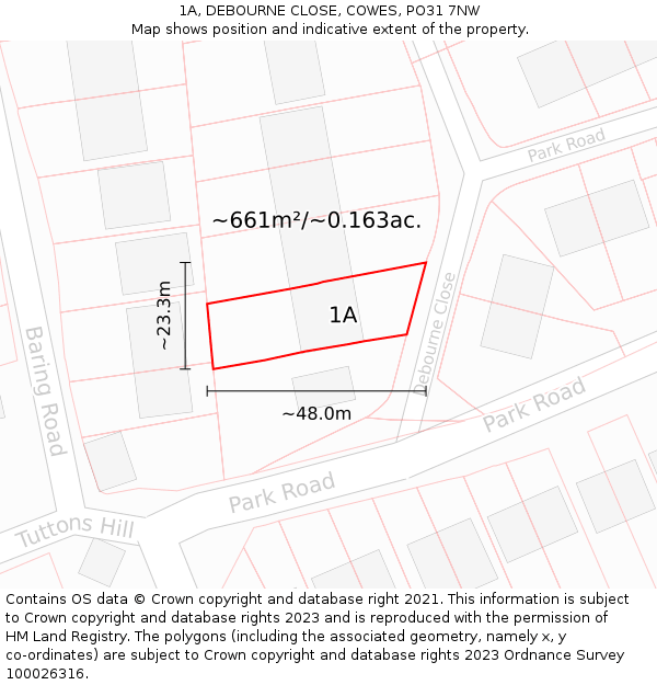 1A, DEBOURNE CLOSE, COWES, PO31 7NW: Plot and title map