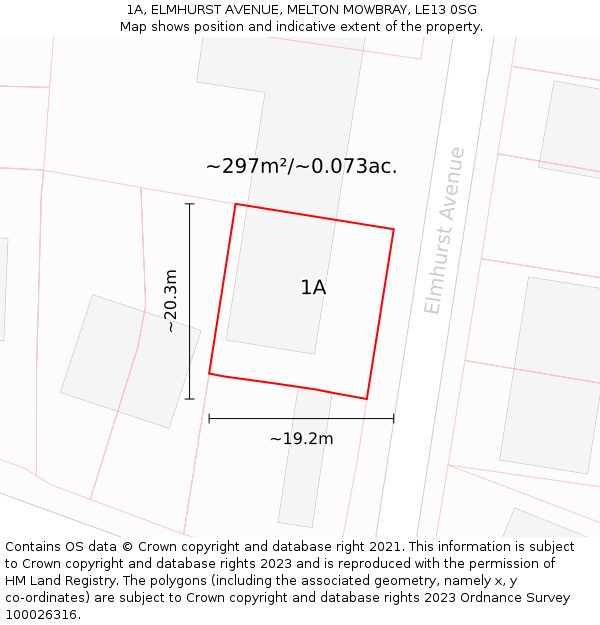 1A, ELMHURST AVENUE, MELTON MOWBRAY, LE13 0SG: Plot and title map