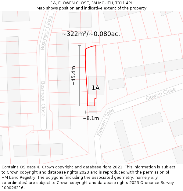 1A, ELOWEN CLOSE, FALMOUTH, TR11 4PL: Plot and title map