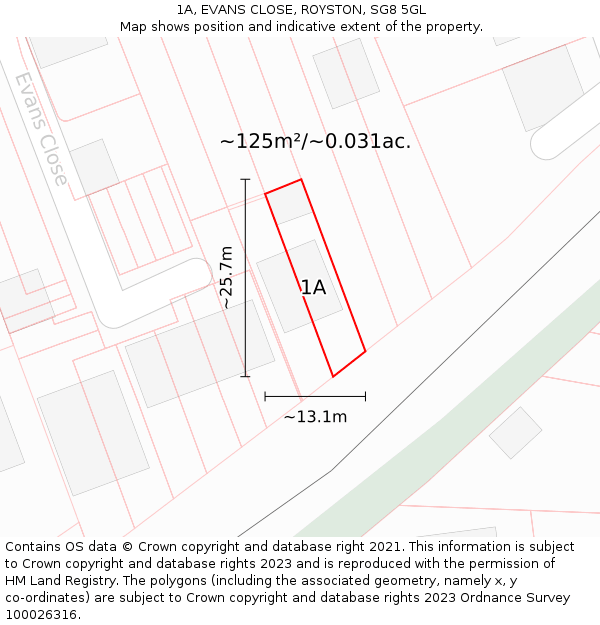 1A, EVANS CLOSE, ROYSTON, SG8 5GL: Plot and title map