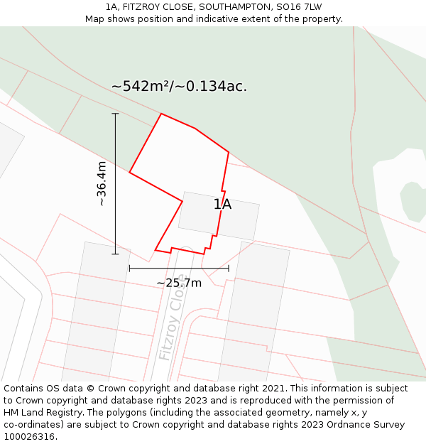 1A, FITZROY CLOSE, SOUTHAMPTON, SO16 7LW: Plot and title map