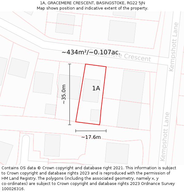 1A, GRACEMERE CRESCENT, BASINGSTOKE, RG22 5JN: Plot and title map