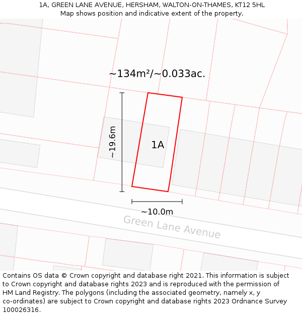 1A, GREEN LANE AVENUE, HERSHAM, WALTON-ON-THAMES, KT12 5HL: Plot and title map