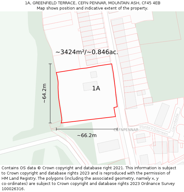 1A, GREENFIELD TERRACE, CEFN PENNAR, MOUNTAIN ASH, CF45 4EB: Plot and title map