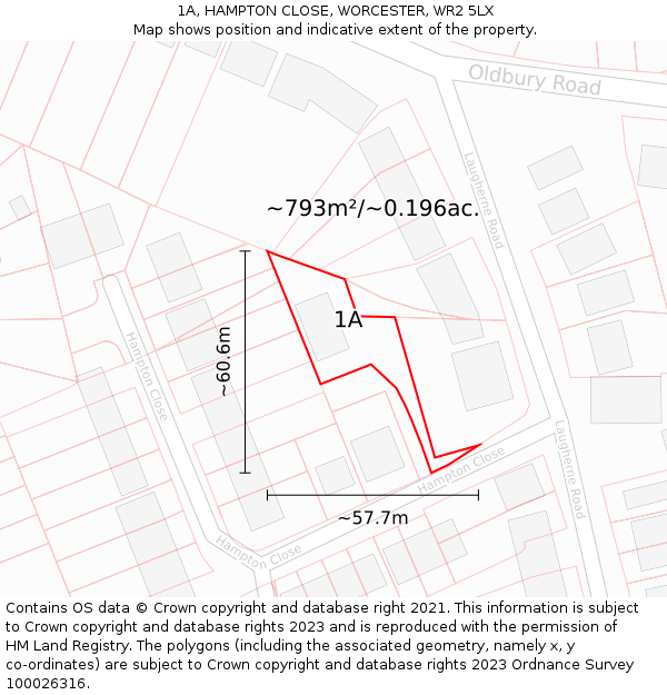 1A, HAMPTON CLOSE, WORCESTER, WR2 5LX: Plot and title map