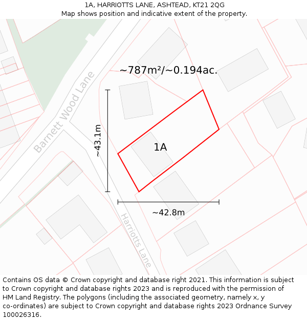 1A, HARRIOTTS LANE, ASHTEAD, KT21 2QG: Plot and title map