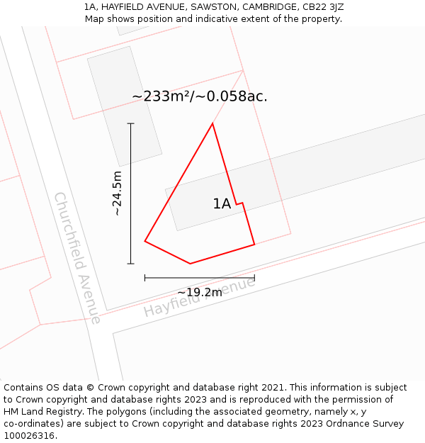1A, HAYFIELD AVENUE, SAWSTON, CAMBRIDGE, CB22 3JZ: Plot and title map