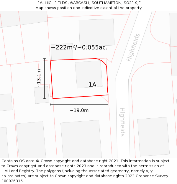 1A, HIGHFIELDS, WARSASH, SOUTHAMPTON, SO31 9JE: Plot and title map
