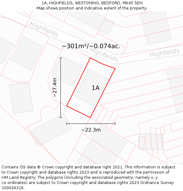 1A, HIGHFIELDS, WESTONING, BEDFORD, MK45 5EN: Plot and title map